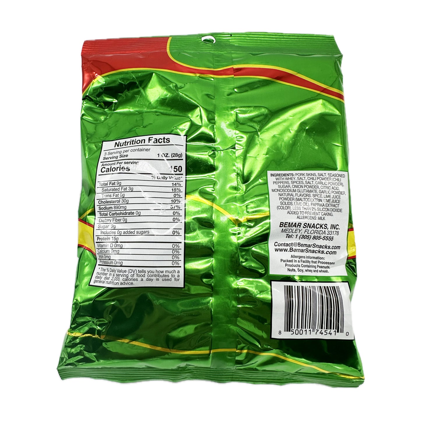 Bemar Snack Fried Pork Skins Chili & Lime Strips - 3oz