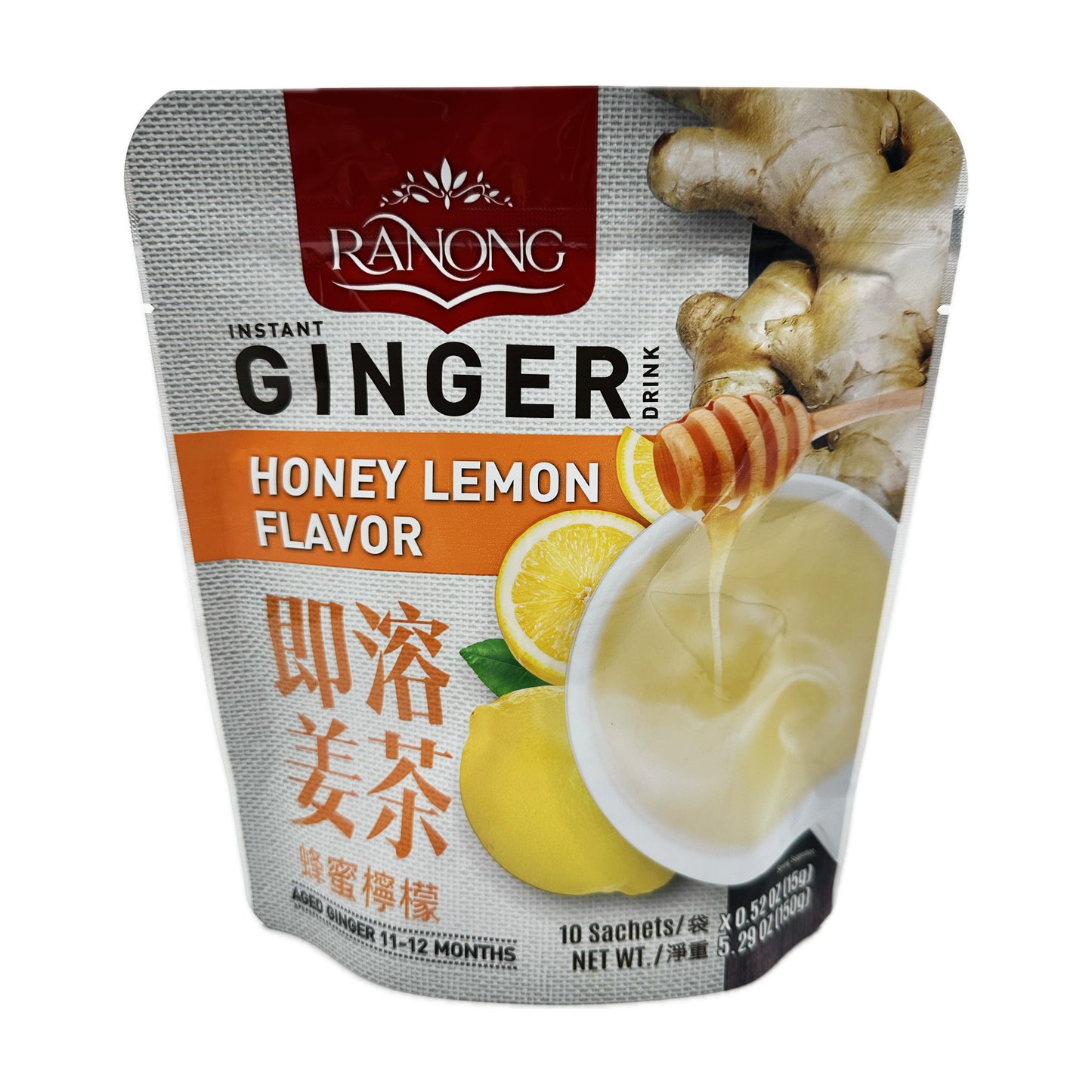 Instant Ginger Honey Lemon Flavor by Ranong brand - 5.29oz (10 sachets* 0.52oz)